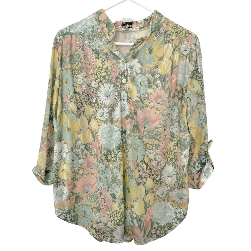 B&B Size 18 Multicolor Floral Blouse Roll Tab Sleeve Vintage Cottagecore Pastels